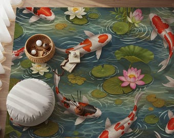 Koi Fish Area Rug: Water Lily Carpet for Zen, Coastal and Aquatic Home Decor