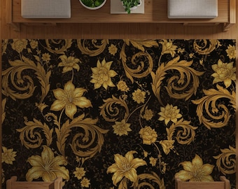 Alfombra floral en dorado y negro: elegante decoración barroca para sala de estar y dormitorio.