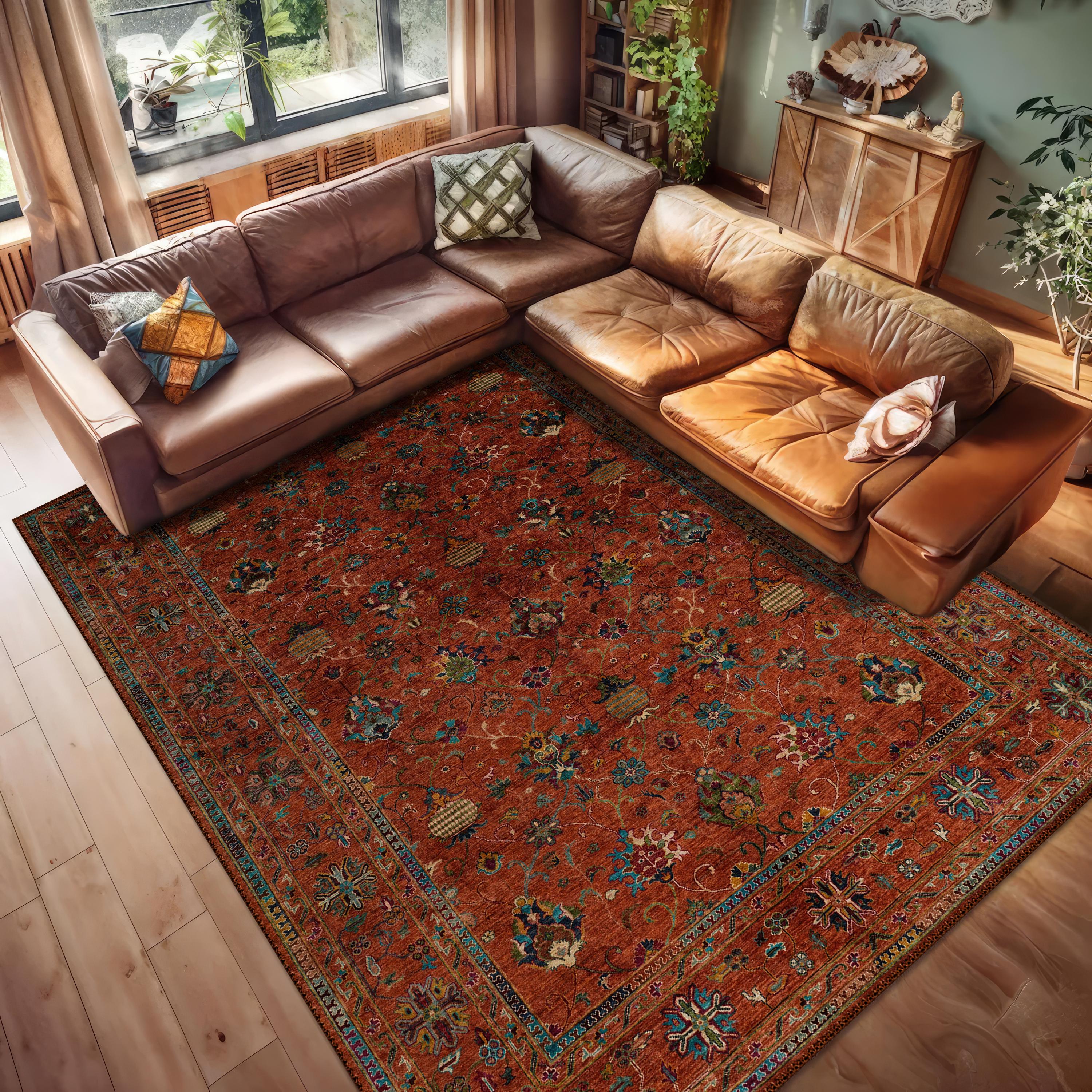 Tapis Oriental Patchwork Vintage 200x150 Cm - Laine 100% Noué Main | Couleurs Orange Marron | Pièce Unique