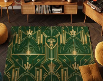 Art Deco Area Rug: Green Gold Geometric Carpet for Modern Glam Living Room