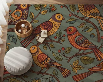 Colorful Bird Area Rug: Boho Cottagecore Carpet with Artistic Nature Motif