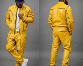 Chándal de cuero amarillo para hombre / Chaqueta bomber y pantalón de estilo diseñador / Conjunto urbano de estilo streetwear