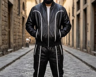 Chándal de cuero negro para hombre, chándal de cuero auténtico para hombre, chándal de cuero premium, estilo jogging, negro con chándal blanco.