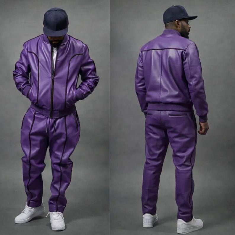 Men Geniune Leather Tracksuit - Jogging style Men's Brayden Premium Leather TrackSuit - Purple/Black Leather Sweatsuit - Gift For Men image 4