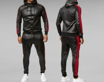 Men Leather Tracksuit Men Brayden Geniune Leather TrackSuit SweatSuit - Premium Leather Tracksuit, Jogging Style Black & Red Sweatsuit