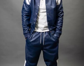 Men's Handmade Premium Leather Tracksuit - Jogging style Men's Brayden Geniune Leather Track Suit - Sweatsuit Style Blue & White Sweatsuit