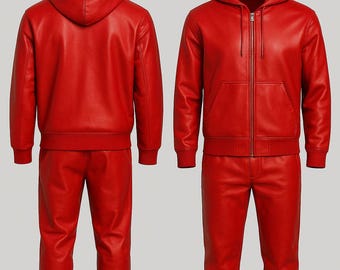 Men Leather Tracksuit, Men Geniune Red Leather TrackSuit SweatSuit, Leather Hoodies Style Tracksuit - Jogging Style Red Brayden Sweatsuit