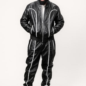 Men Black Leather Tracksuit Men Geniune Leather TrackSuit SweatSuit - Premium Leather Tracksuit, Jogging Style Black with White Sweatsuit