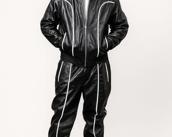 Herren Schwarz Leder Trainingsanzug Männer Geniune Leder Trainingsanzug SweatSuit - Premium Leder Trainingsanzug, Jogging-Stil Schwarz mit Weiß Sweatsuit