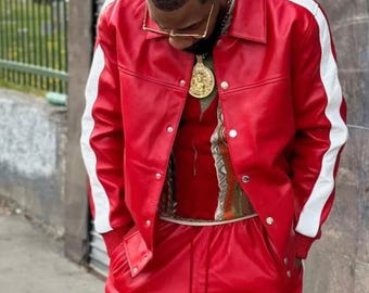 Men Leather Tracksuit - Men Geniune Leather TrackSuit SweatSuit - Premium Leather Tracksuit - Jogging Style Red & White Brayden Sweatsuit