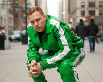 Men Handmade Premium Leather Tracksuit - Jogging style Men's Brayden Style Leather Track Suit - Sweatsuit Style Green/White Leather Costume