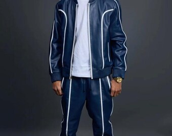 Men Blue Premium Leather Tracksuit - Jogging style Men's Brayden Geniune Leather Track Suit - Sweatsuit Style Blue & White Sweatsuit