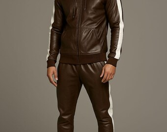 Men Leather Tracksuit Men Brayden Geniune Leather TrackSuit SweatSuit - Premium Leather Tracksuit, Jogging Style Brown with White Sweatsuit