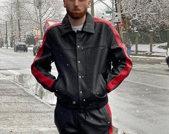 Men Black Leather Tracksuit Men Geniune Leather TrackSuit SweatSuit - Premium Leather Tracksuit, Jogging Style Black with Red Sweatsuit