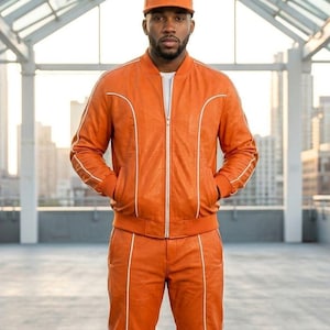 Tuta da uomo in pelle / Tuta in pelle arancione / Tuta da jogging in pelle / Tuta di lusso da uomo / Tuta streetwear