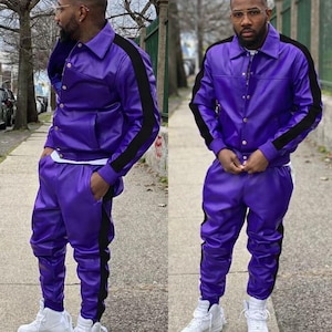 Men Leather Tracksuit - Men Brayden Geniune Leather TrackSuit SweatSuit - Premium Leather Tracksuit - Jogging Style Purple & Black Sweatsuit