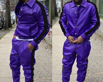 Men Leather Tracksuit - Men Brayden Geniune Leather TrackSuit SweatSuit - Premium Leather Tracksuit - Jogging Style Purple & Black Sweatsuit
