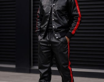 Men's Black Leather Tracksuit with Red Stripes, Luxury Leather Jogger Set, Custom Leather Streetwear Suit