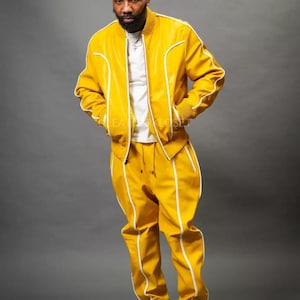 Men Leather Tracksuit Men Brayden Geniune Leather TrackSuit SweatSuit - Premium Leather Tracksuit, Jogging Style Yellow with White Sweatsuit