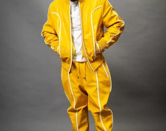 Männer Leder Trainingsanzug Männer Brayden Geniune Leder Trainingsanzug SweatSuit - Premium Leder Trainingsanzug, Jogging-Stil Gelb mit Weiß Sweatsuit