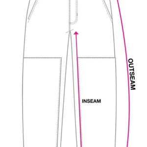 May include: Line drawing of pants with labeled measurements: waist, outseam, inseam, and leg opening. The illustration is in black and white, with pink arrows indicating the measurement points.
