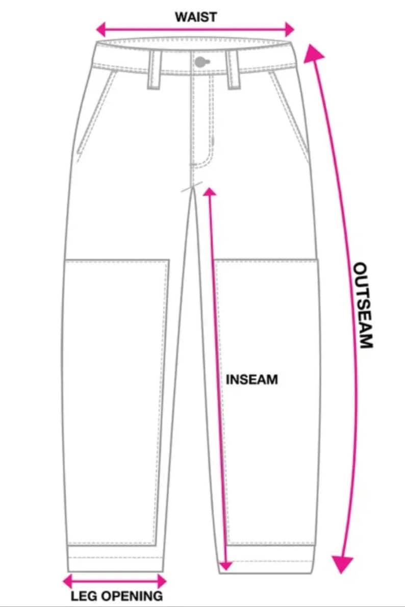 May include: Line drawing of pants with labeled measurements: waist, outseam, inseam, and leg opening. The illustration is in black and white, with pink arrows indicating the measurement points.