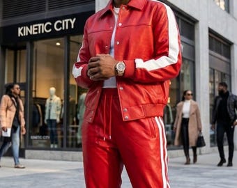 Chándal de piel premium para hombre: conjunto de ropa urbana de lujo, chaqueta de piel y pantalón deportivo a juego.