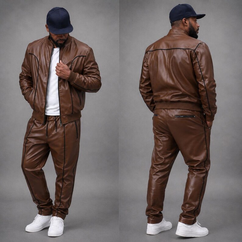 May include: A brown leather tracksuit, featuring a bomber jacket and matching pants. The jacket has a zip closure and black trim. The pants have a drawstring waist and side pockets. The outfit is paired with white sneakers and a navy baseball cap.