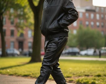 Men's Black Leather Tracksuit, Men Brayden Geniune Leather Tracksuit, Premium Leather Sweatsuit, Jogging Style Men Black Leather Costume