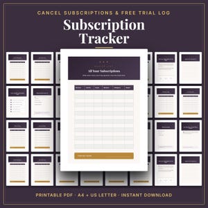 May include: A digital subscription tracker printable PDF featuring a dark purple and cream color scheme. The central page displays a master list table for tracking recurring payments, costs, cycles, and categories, with additional pages visible behind.