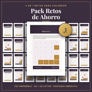 May include: A digital savings challenge pack featuring multiple printable sheets with grids for tracking financial goals. The central page displays a 500 euro savings challenge with a gold 3-in-1 circular badge, dark purple headers, and gold square fill-in boxes.