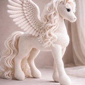 Puede incluir: Un Pegaso de ganchillo blanco roto hecho a mano, con grandes alas detalladas. La criatura mítica tiene una melena y cola fluidas, y se mantiene sobre cuatro patas robustas. Las alas están extendidas, y el diseño general es suave y caprichoso.