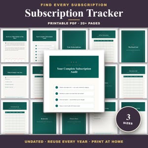 May include: A printable PDF subscription tracker with over 20 pages, featuring a dark green and cream color scheme. The document includes sections for a master subscription list, cost reveals, free trial tracking, and renewal logs, all undated.