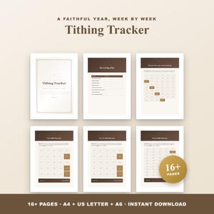 May include: A digital tithing tracker set featuring 16+ pages in A4, US Letter, and A6 sizes. The pages include a cover, a My Giving Plan sheet, and various weekly giving charts with brown and cream color schemes and text headers.