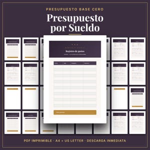May include: A digital budget planner template set featuring a dark purple and cream color scheme. The central page displays a 'Registro de gastos' expense tracker with columns for date, item, category, and amount, plus a 'Total gastado' button.