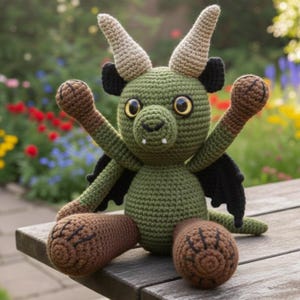 Puede incluir: Un dragón verde hecho a mano con ganchillo, con cuernos, orejas y pies marrones. El dragón tiene grandes ojos amarillos, pequeños colmillos blancos y alas negras. Está sentado sobre una superficie de madera con los brazos levantados.