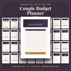 Puede incluir: Un planificador de presupuesto para parejas en formato digital con fondo morado oscuro y texto blanco. La página principal se titula Joint Account Contributions con columnas para gastos y aportaciones. Incluye varias páginas PDF imprimibles.