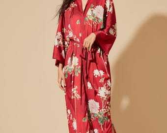 Blommig kimono-morgonrock, silkeslen charmeuse-satinloungewear, asiatiskinspirerad dammorgonrock, japanska kläder.