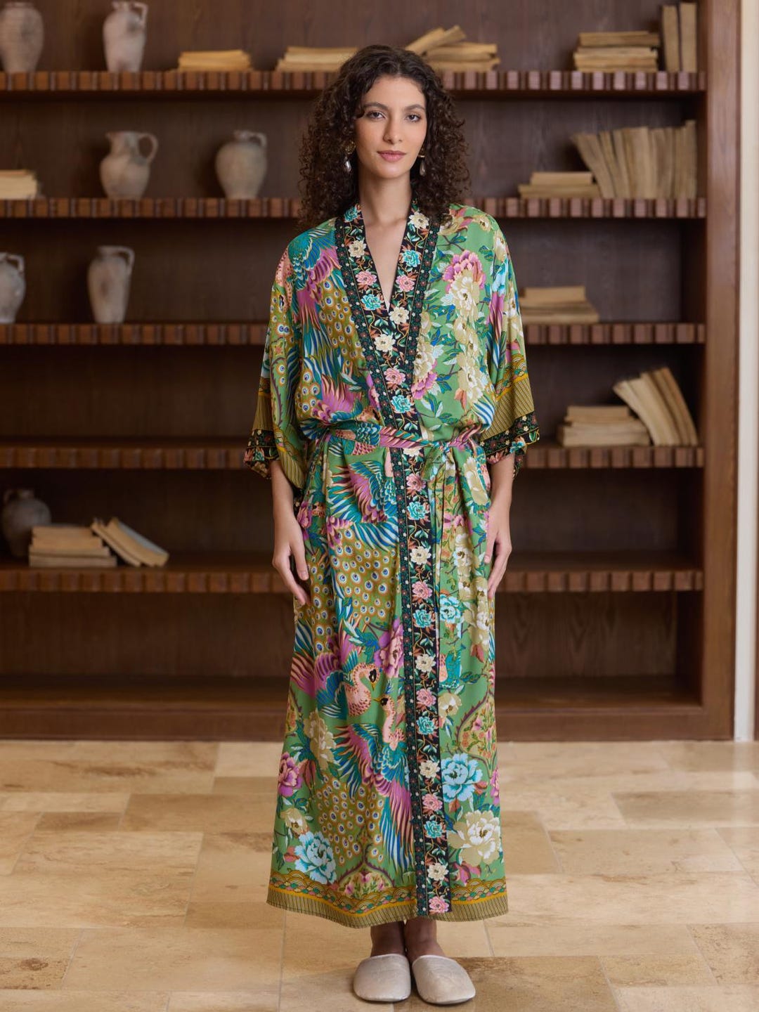 Green Phoenix Bloom Cotton Kimono Robe,100% Pure Cotton Floral Dressing ...