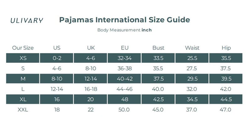 Puede incluir: Una gu&iacute;a de tallas de pijamas, con medidas en pulgadas. La tabla muestra tallas de XS a XXL, con las tallas de EE. UU., Reino Unido y la UE correspondientes, adem&aacute;s de las medidas de busto, cintura y cadera. La marca "ULIVARY" est&aacute; en la parte superior izquierda.
