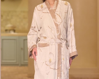 Tulip Jacquard Plush Kimono Robe,100% Pure Cotton Lightweight Bathrobe,Women’s Loungewear.