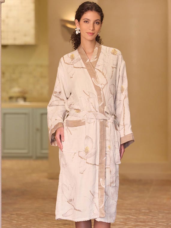 Tulip Jacquard Plush Kimono Robe,100% Pure Cotton Lightweight Bathrobe,Women’s Loungewear.