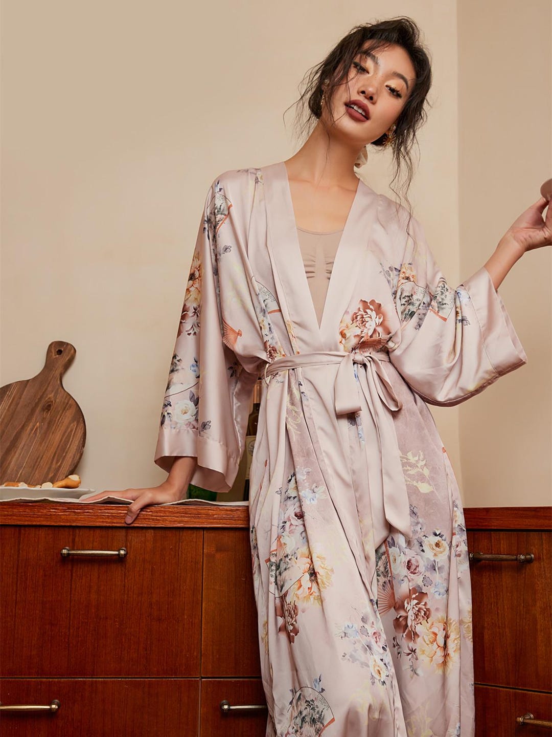 Asian Floral Fan Kimono Robe, Hand-painted Silky Charmeuse Dressing ...