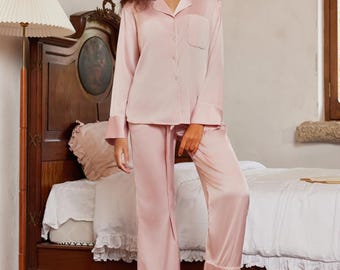 Conjunto de pijama de satén con solapa, ropa de dormir de charmeuse sedoso con bolsa de viaje