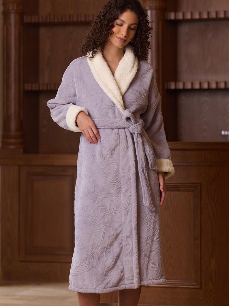 Layered Robe Lavender Jacquard Plush Kimono Robe,soft Double-layer Winter Fleece ...