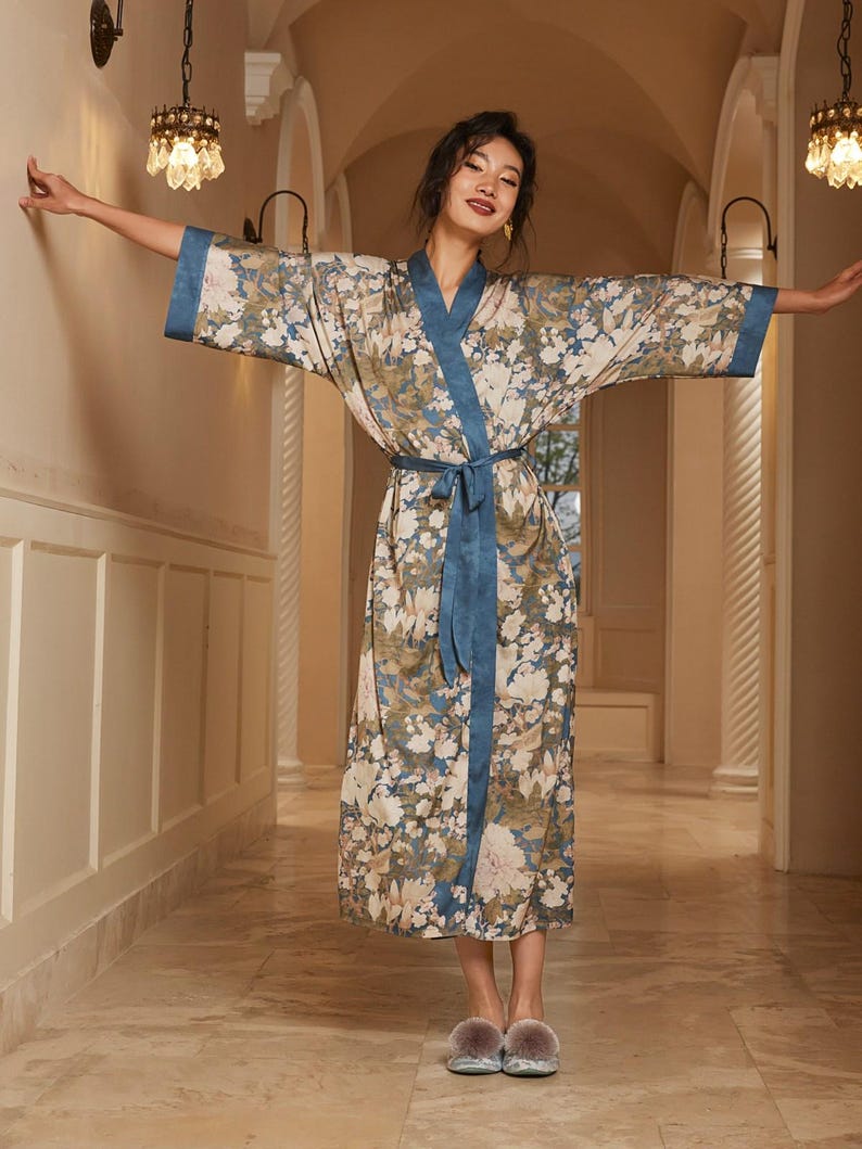 Floral Kimono Robe, Silky Charmeuse Satin Dressing Gown, Asian-inspired ...