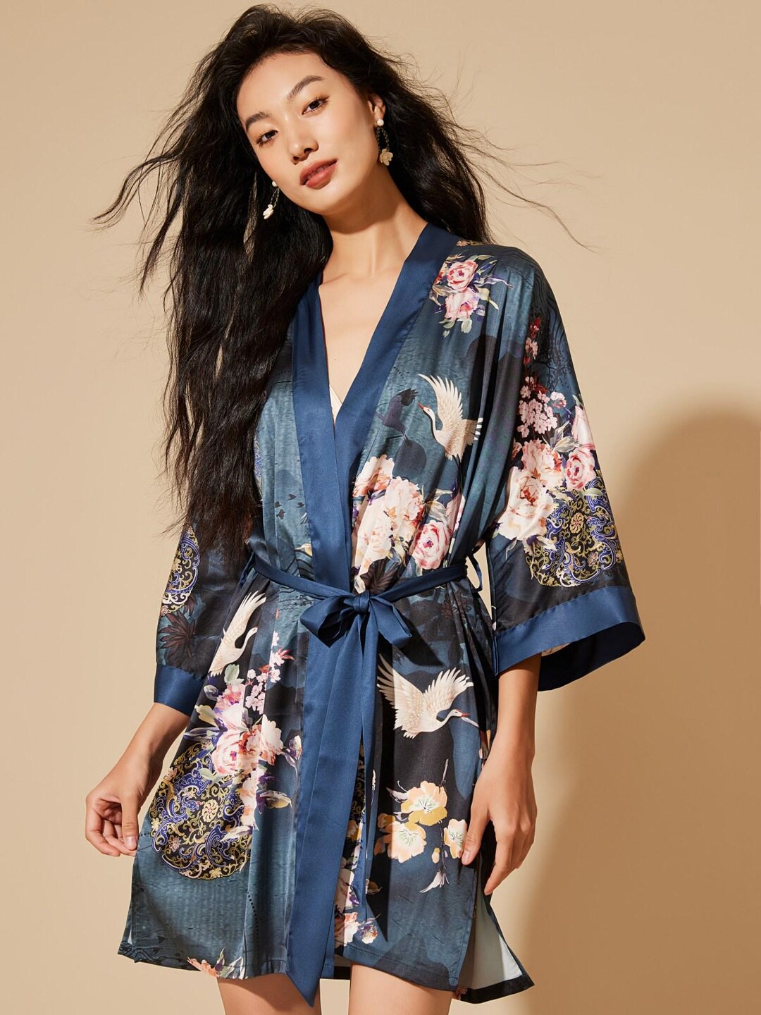 Painted Robe Floral Kimono Robe – Hand-painted Crane Print Satin Robe, Lightweight ...