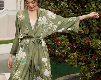 Blommig kimono-morgonrock, satinmorgonrock för kvinnor, silkeslen charmeuse loungewear, brudtärnemorgon, present till henne