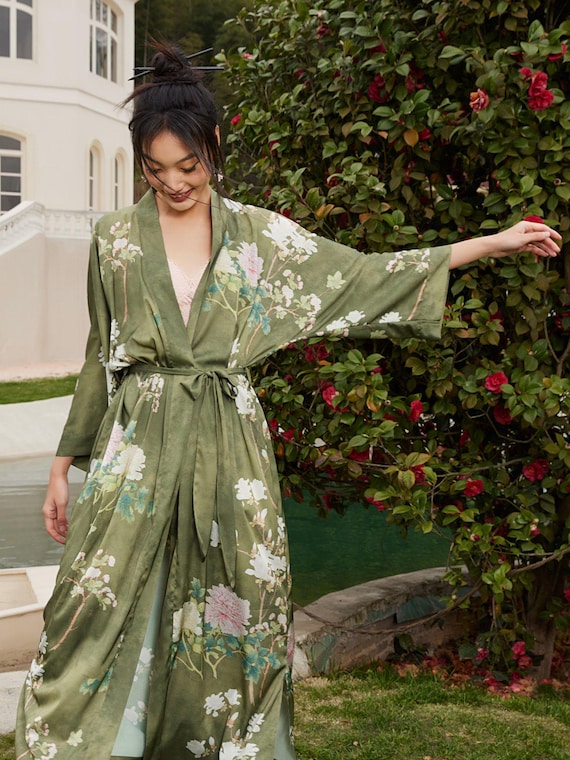 Floral Kimono Robe, Women’s Satin Robe, Silky Charmeuse Loungewear, Bridesmaid Robe, Gift for Her