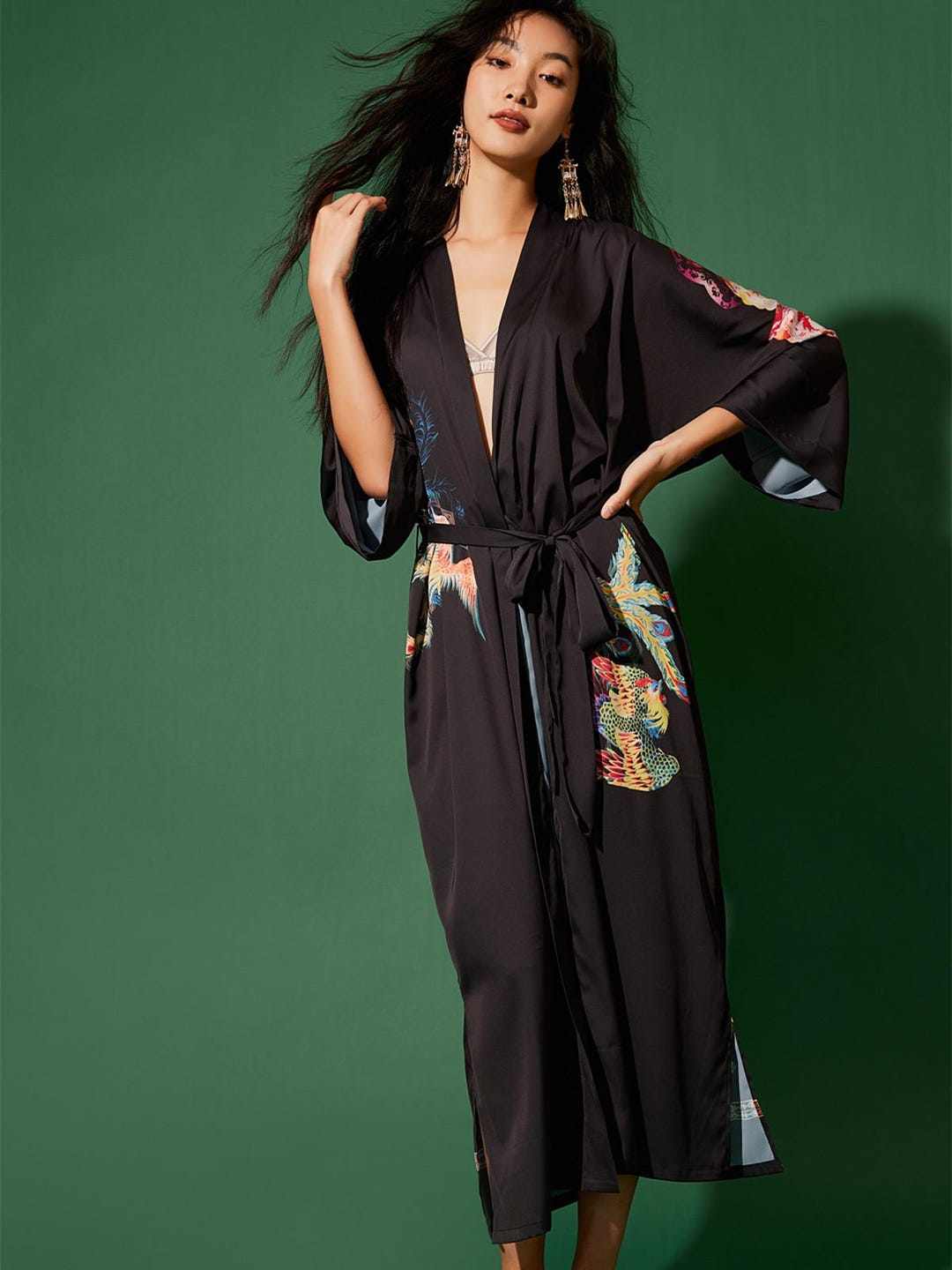 Dragon Phoenix Kimono Robe, Hand-painted Silky Charmeuse Dressing Gown ...